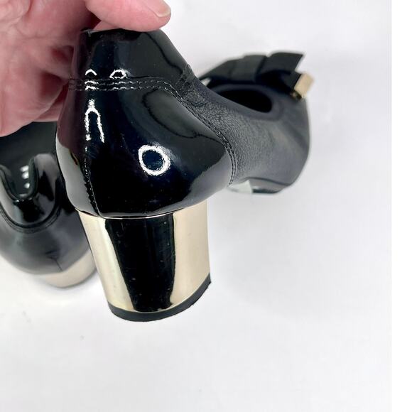 Hogan Size 5 Leather Pump Gold Tone Metallic Block Heel, Fabric Bow Metal Edges - Picture 9 of 15